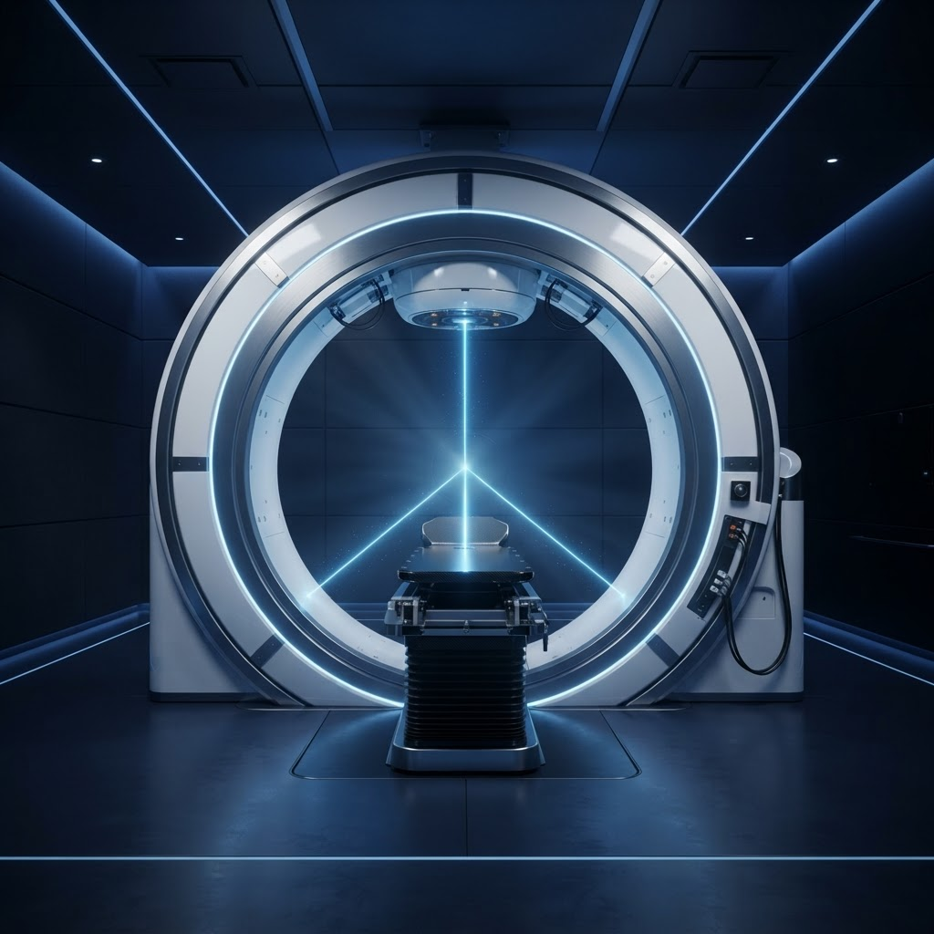 Interior of a modern proton therapy facility with a circular gantry ring